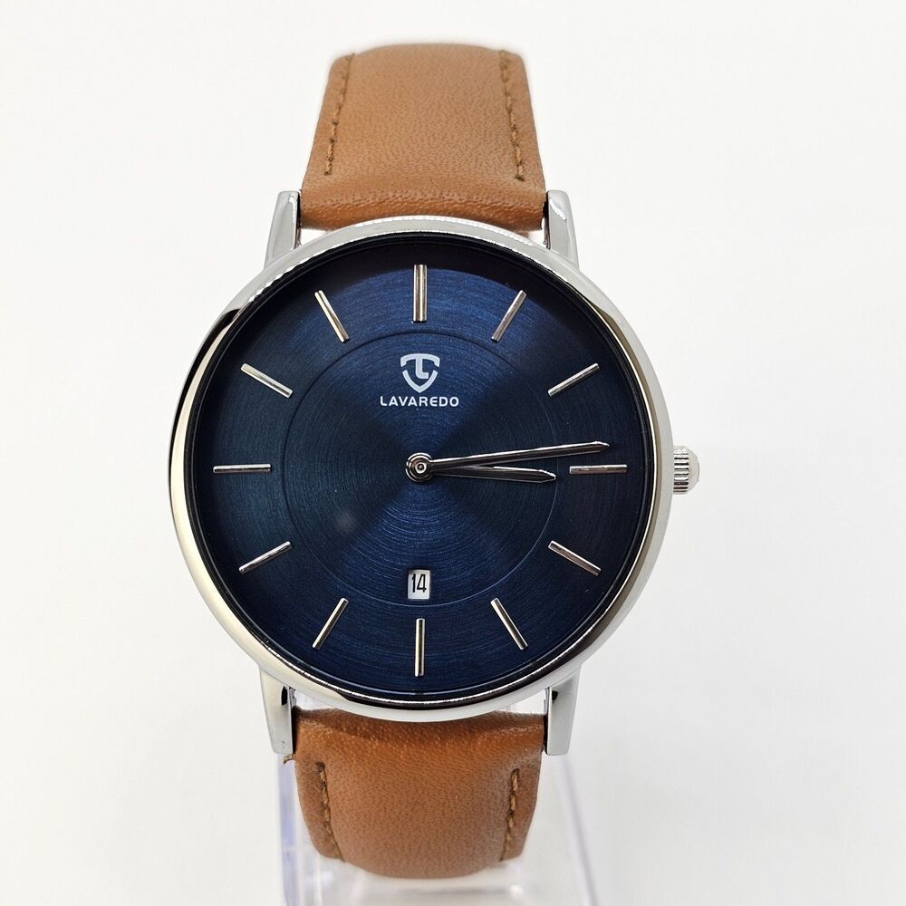 Men's Watch Minimalist 40MM Gray Case Blue Dial Date Light‎ Brown Leather Straps